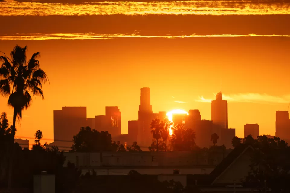 View of Los Angeles skyline against a bright orange sky with a palm tree at left